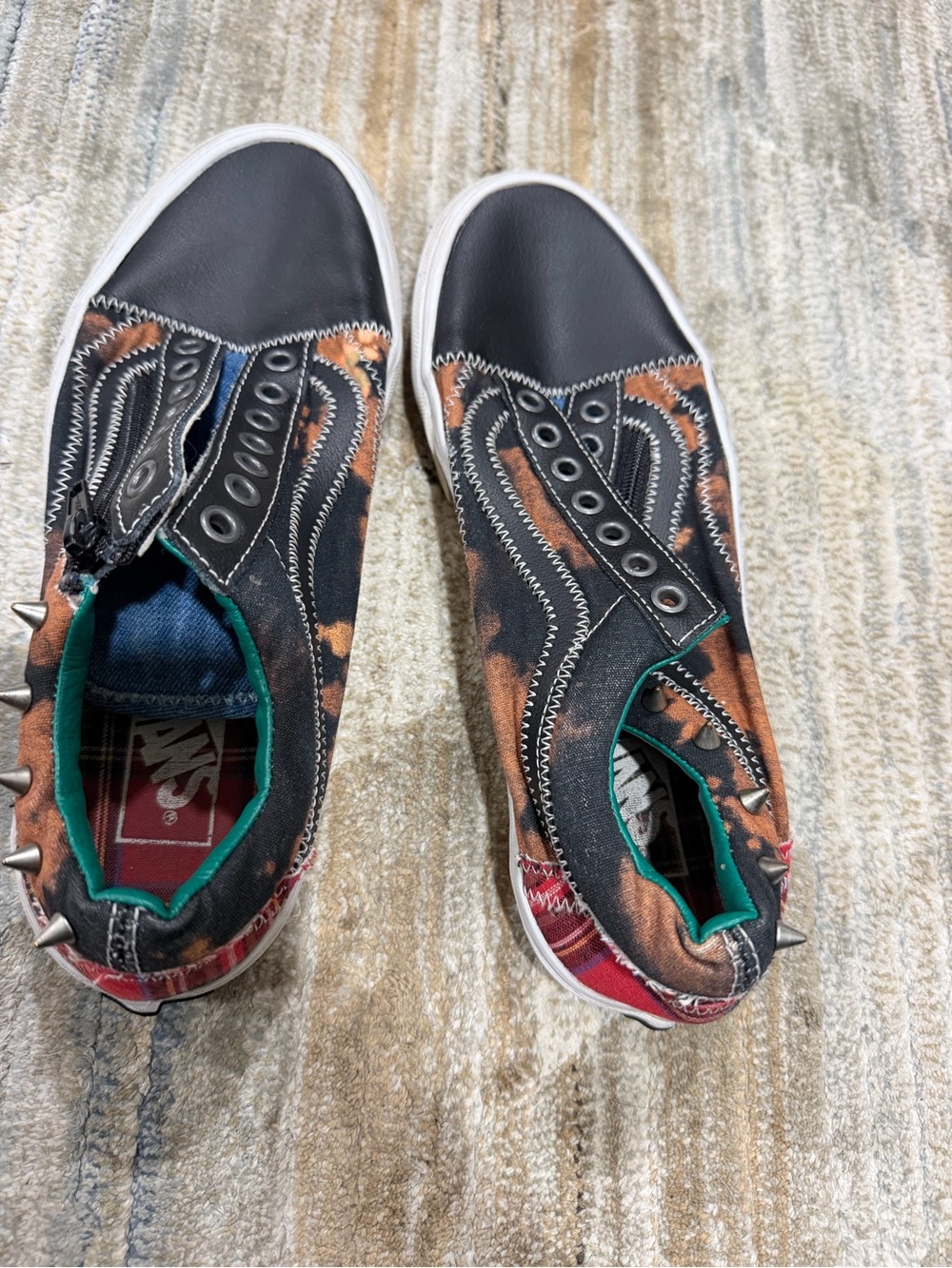 Vans Mens Black & Brown Tie-Dye Slip-On Sneakers with Green Trim and Spike Studs